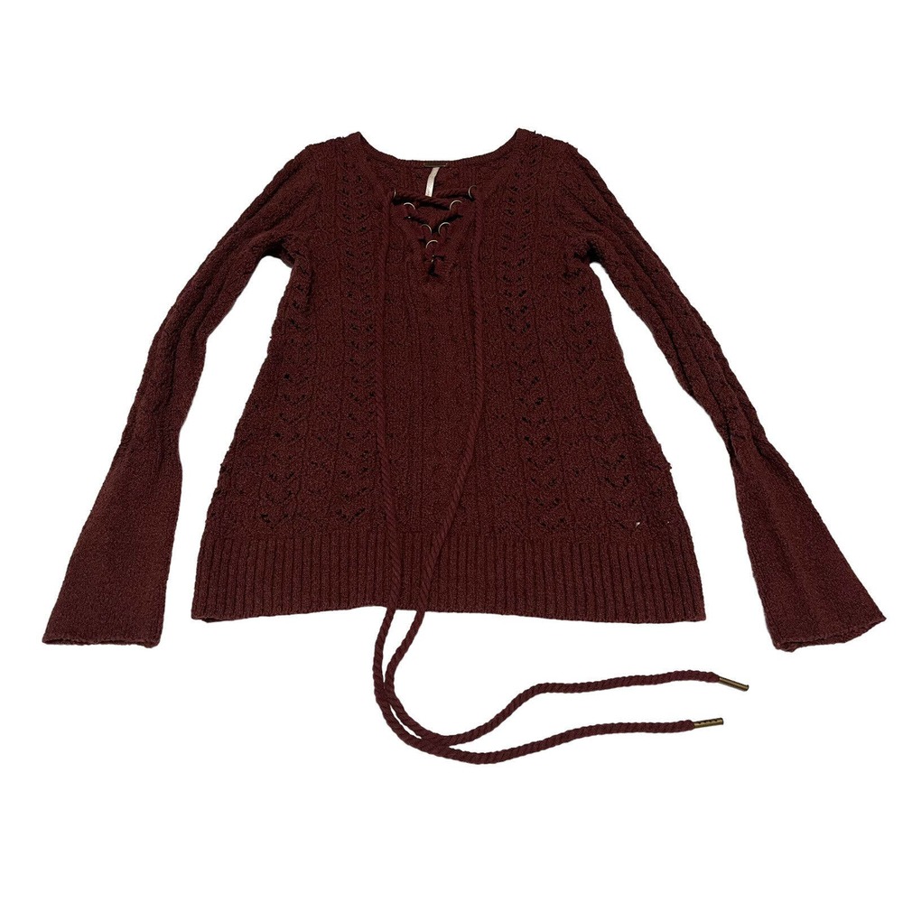 Free People Sweater Knit Burgundy Boho V Neck Rope Cord Hippie Women's Small